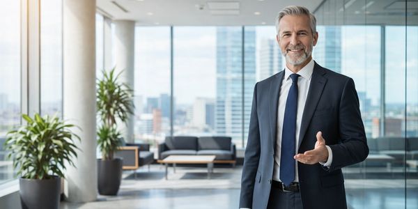 Senior executive in a navy suit in a modern office, city skyline behind him, welcoming gesture.
