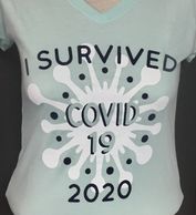 I survived Covid-19 tee shirt design. Mint shirt with white and indigo inks. Striking, soft and fun.
