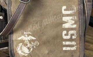Special Printing Available- Canvas Military Bag with USMC and insignia screenprinted in cream ink.