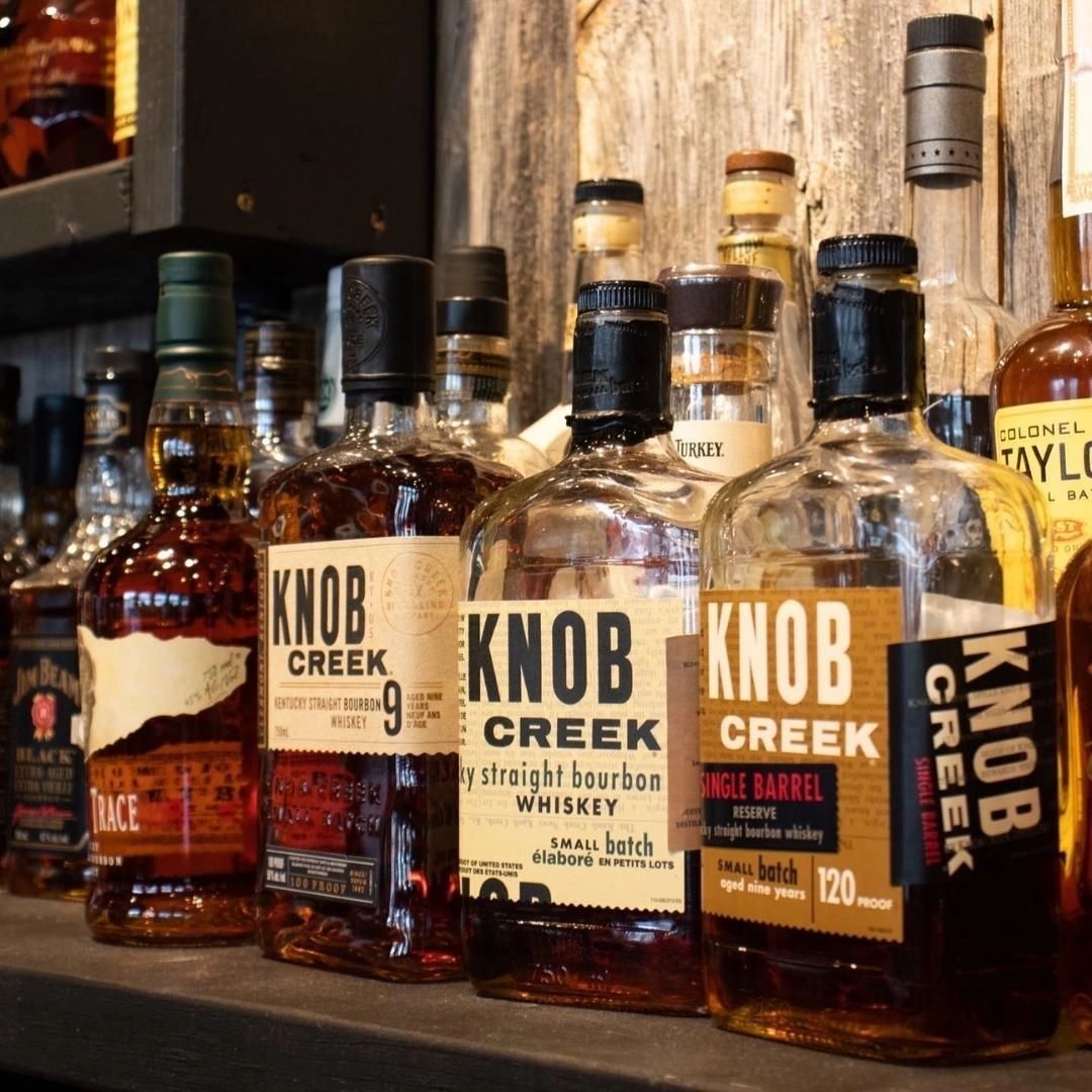 Bottles of Knob Creek Whisky Bourbon at Hank Daddy's Barbecue and Bourbon bar