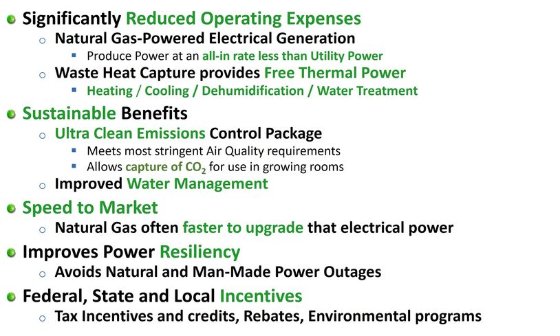 Key benefits of natural gas-powered electrical generation and sustainability efforts.