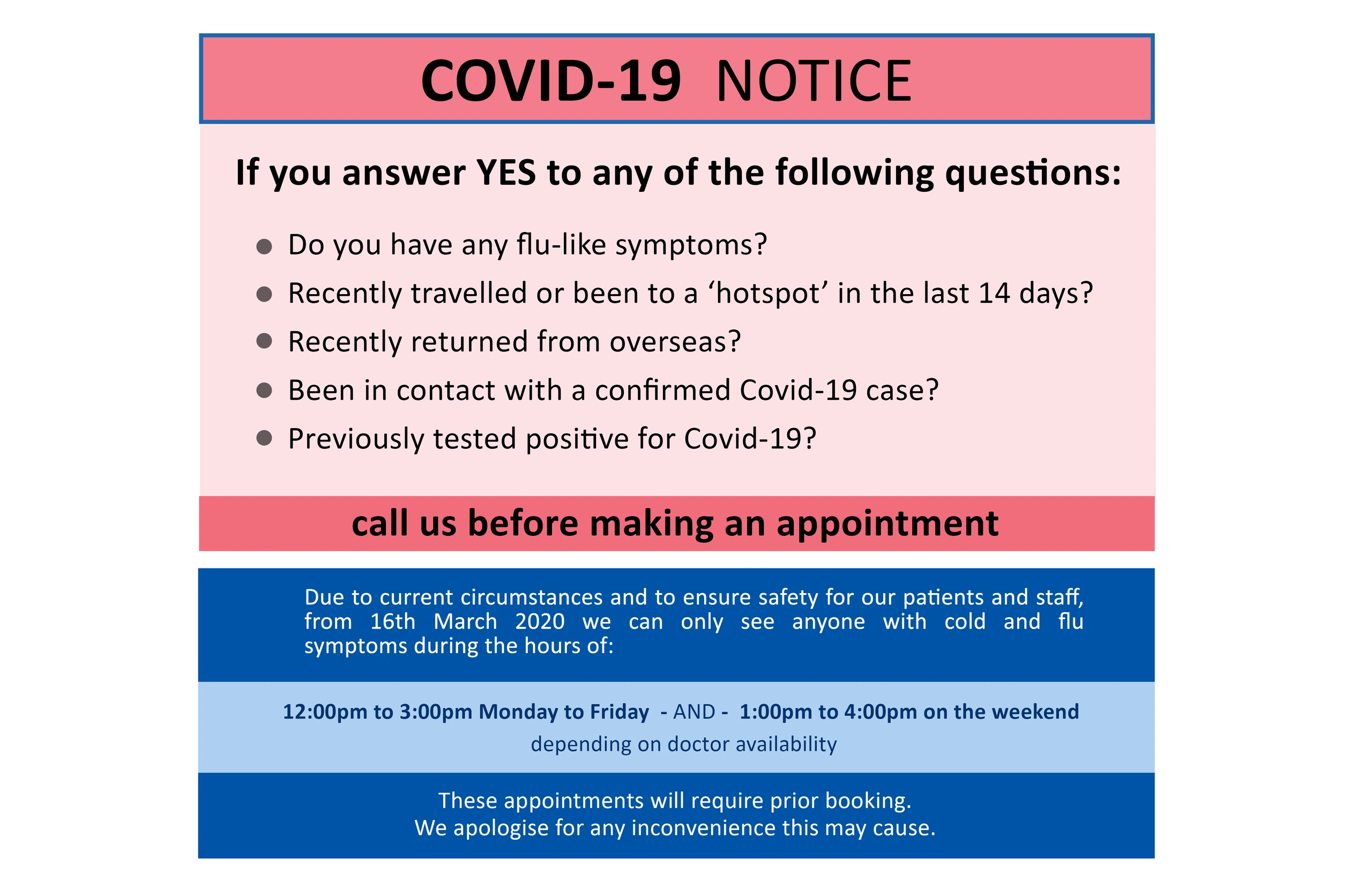 COVID-19 notice. Please call before making appointment.