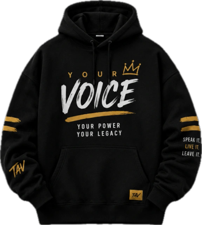 Black hoodie with motivational text in white and gold.