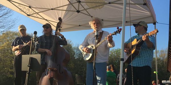 Outdoor bluegrass band performing under a canopy on a sunny day.