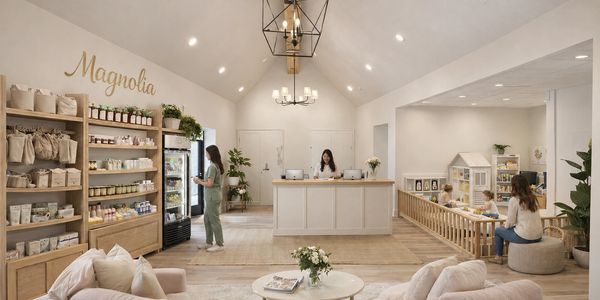 Bright, cozy shop with a play area and natural decor.