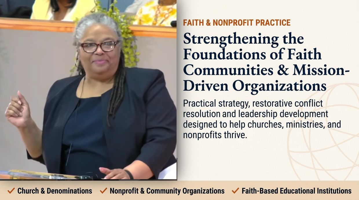 Woman speaking about faith-based leadership and nonprofit strategy.