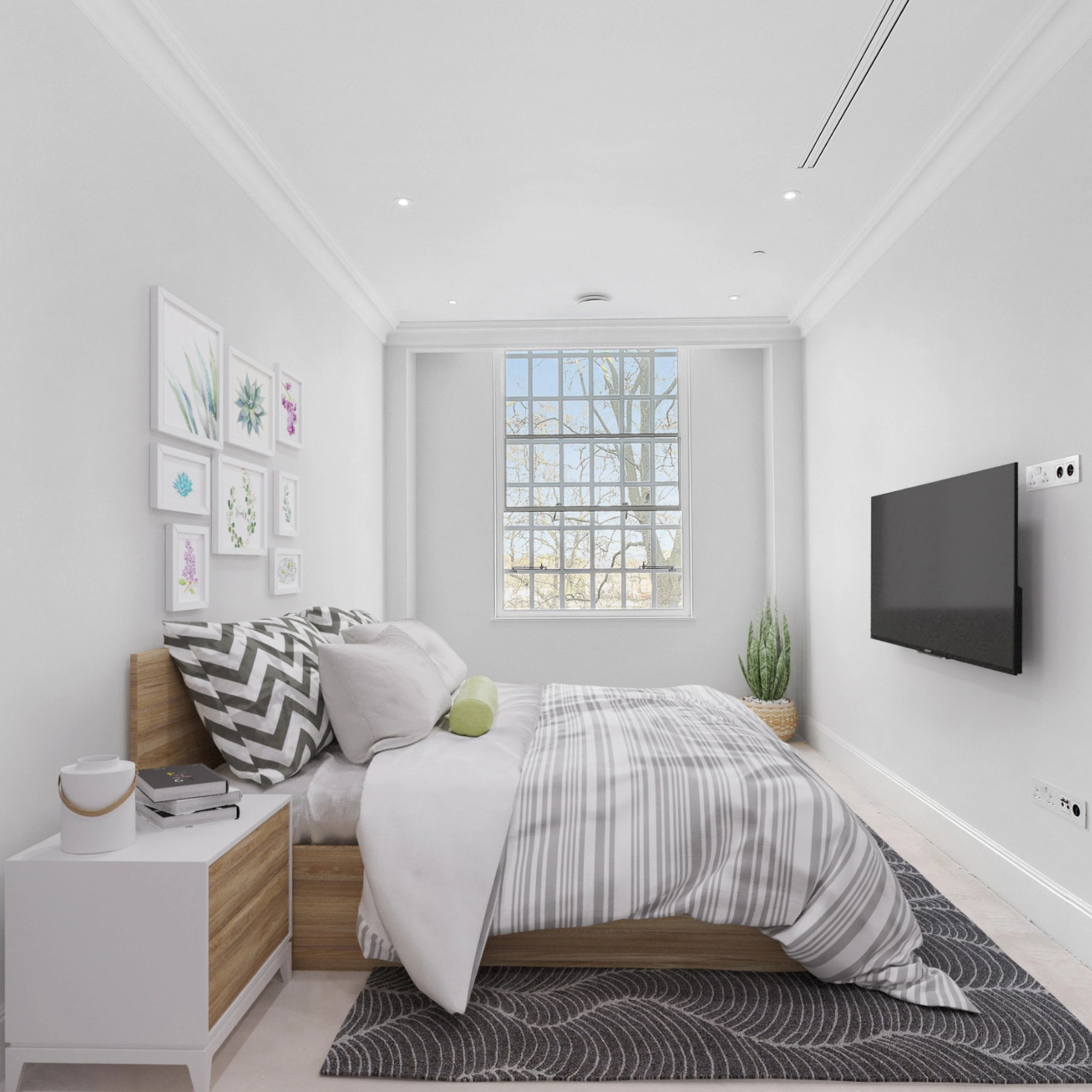 Modern minimalist bedroom with neutral tones and natural light.