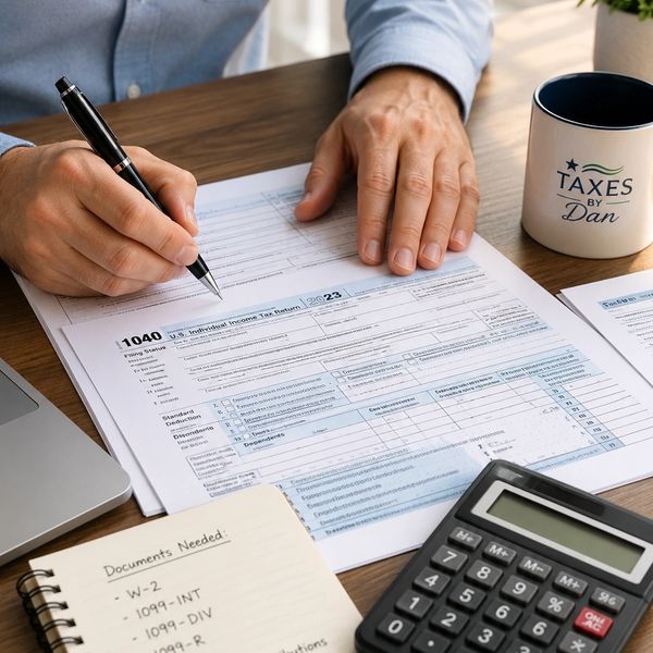 Person filling out a 2023 tax form with calculator and notes nearby.