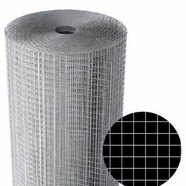 Roll of metal wire mesh fencing with square grid pattern.