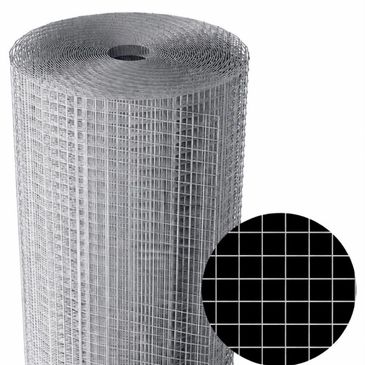 Roll of metal wire mesh fencing with square grid pattern.