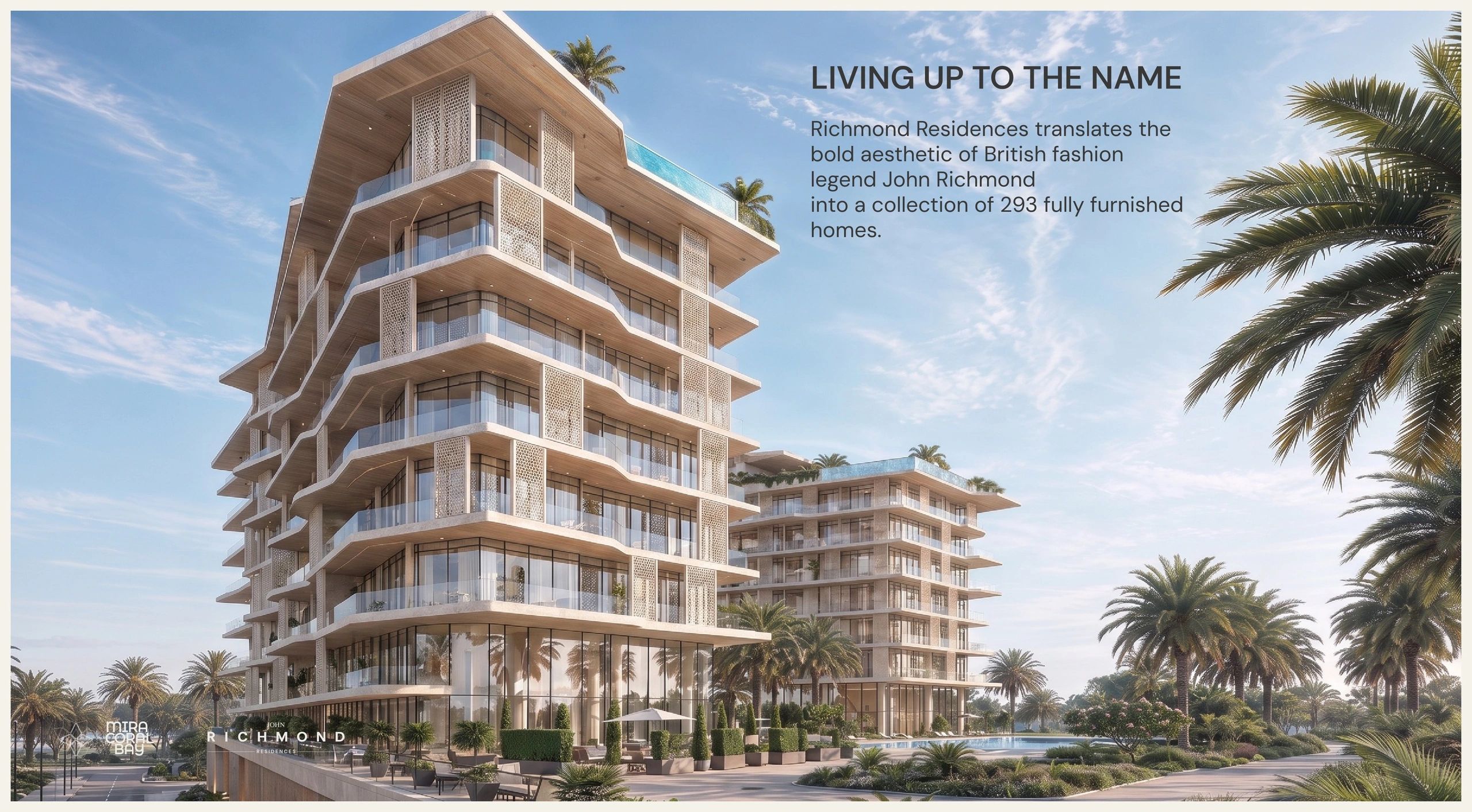 Modern multi-story Richmond Residences with palm trees and clear skies.