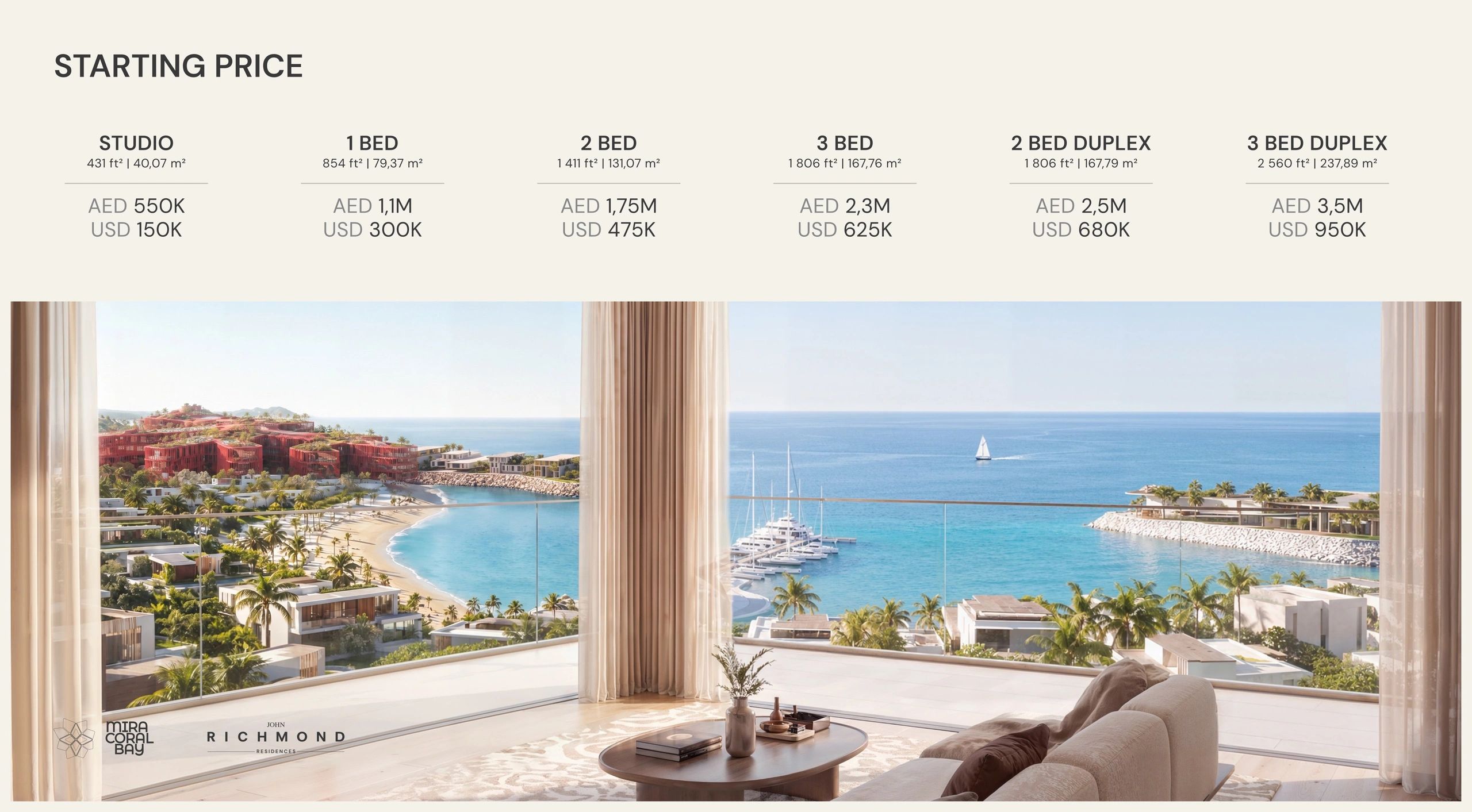Price list of apartments with sea view at Mira Coral Bay.