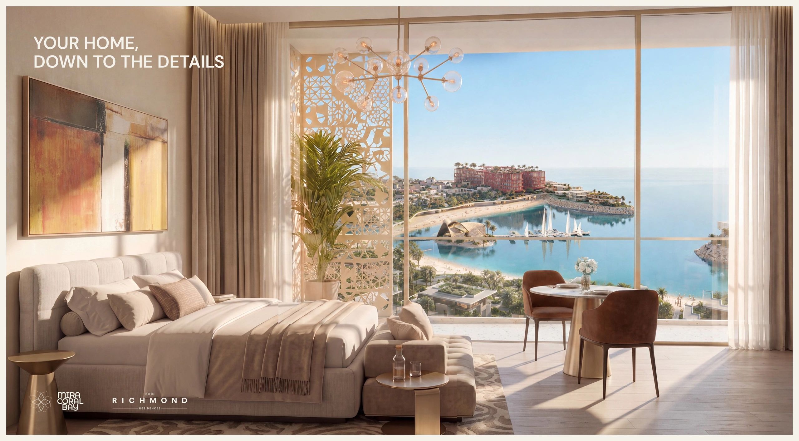 Luxurious bedroom with ocean view and modern decor.