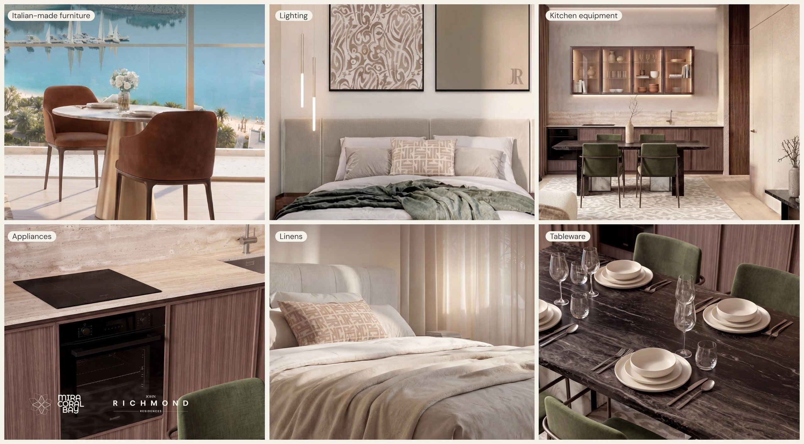Elegant interiors showcasing furniture, lighting, and kitchen equipment.