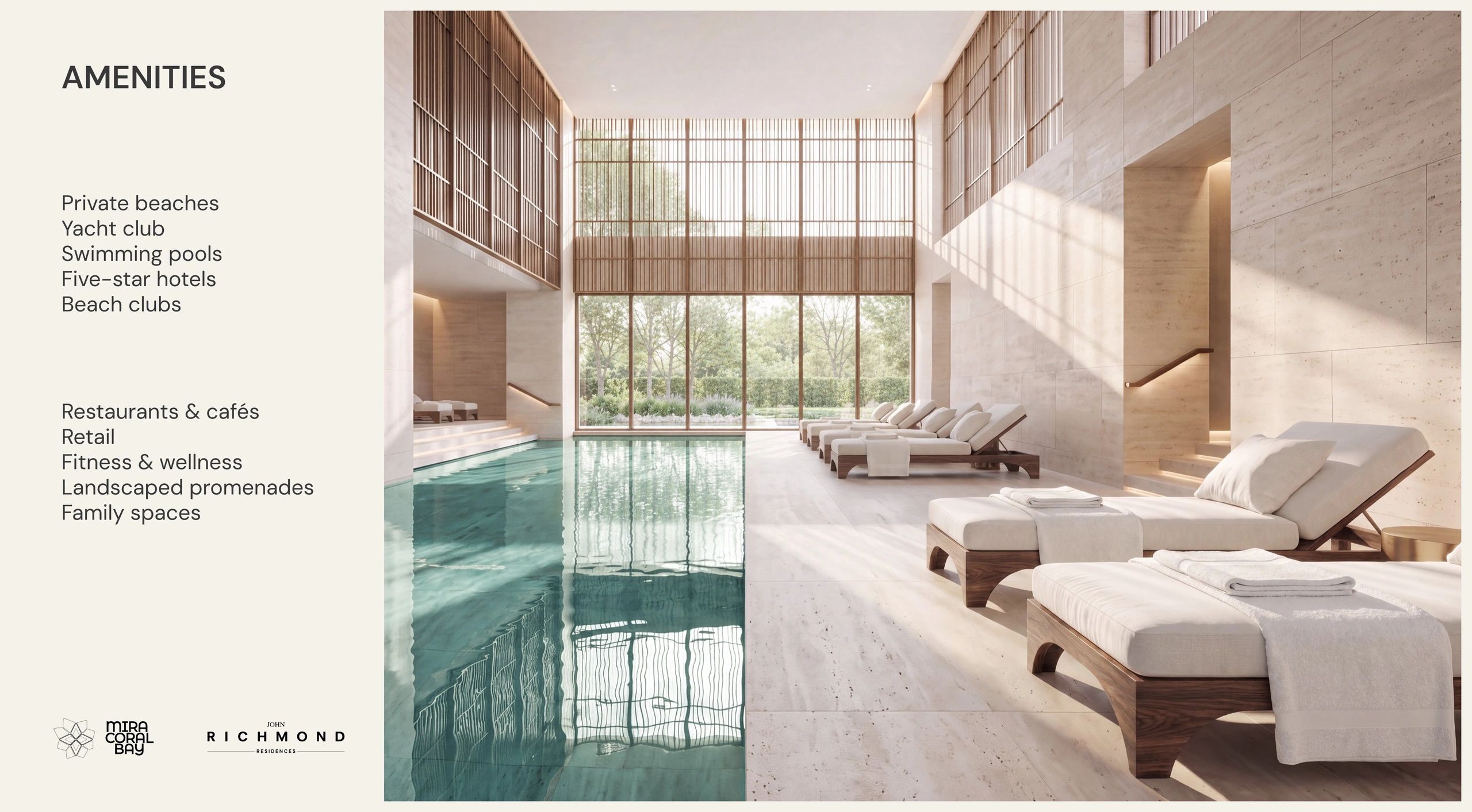 Elegant indoor pool with lounge chairs and natural light.