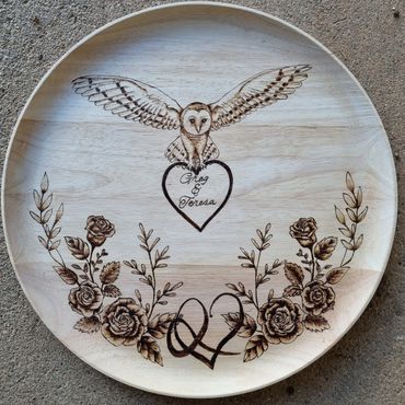 Platter with pyrography , owl, entwined hearts and roses