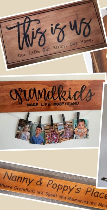 Various large pyrography burnt signs.