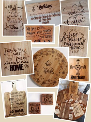 Selection of pyrography boards, pyrography signs, pyrography platter