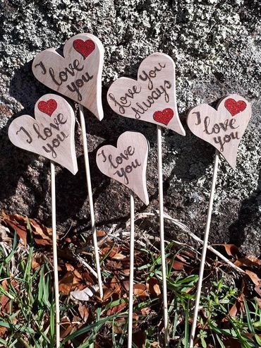 Pyrography burnt Wooden heart shape on a stick with i love you