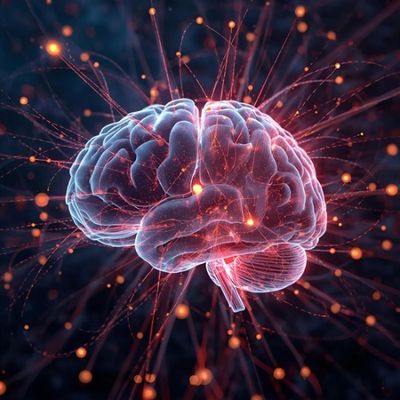 An image of a brain with neurons firing outwards.