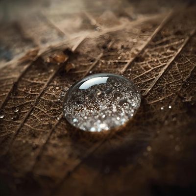 A drop of water on a leaf signifying decreased thirst during the active dying phase.