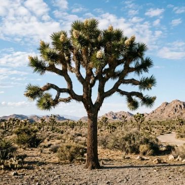 A Joshua tree in a desert landscape under a blue sky.