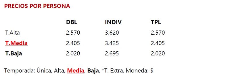 Table showing prices per person for different seasons and room types.