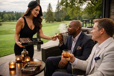 Women lighting a man’s cigar at a golf course venue