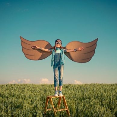 Child with cardboard wings standing on a stool in a field.