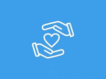 Two hands surrounding a heart symbol on a blue background.