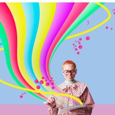 Person using a tablet with colorful digital waves emerging.