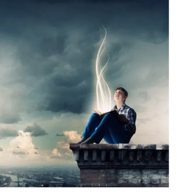 A boy reading a glowing book on a rooftop under a dramatic sky.