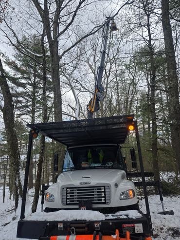 A white utility truck with a crane in a snowy forest.