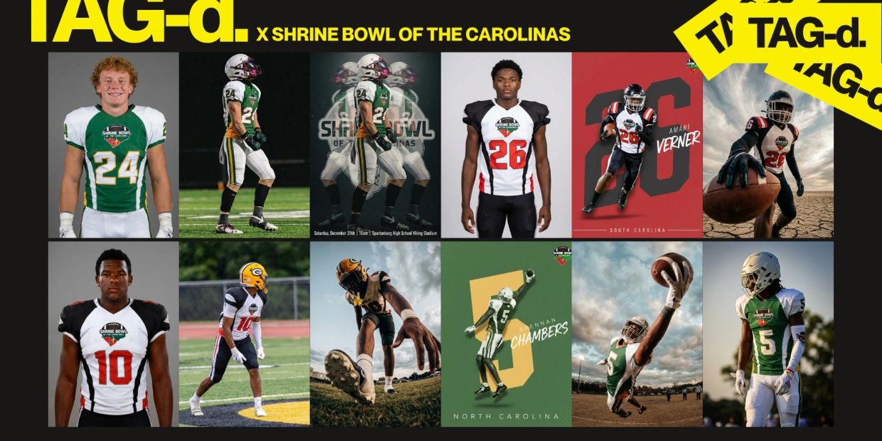 Collage of football players from the Shrine Bowl of the Carolinas.