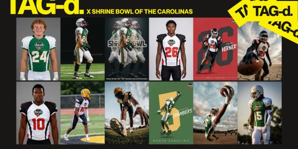 Collage of football players from the Shrine Bowl of the Carolinas.