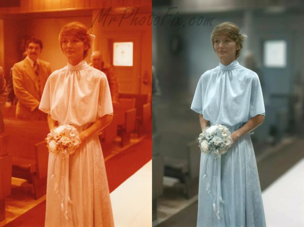An old photo of a bridesmaid recolored.