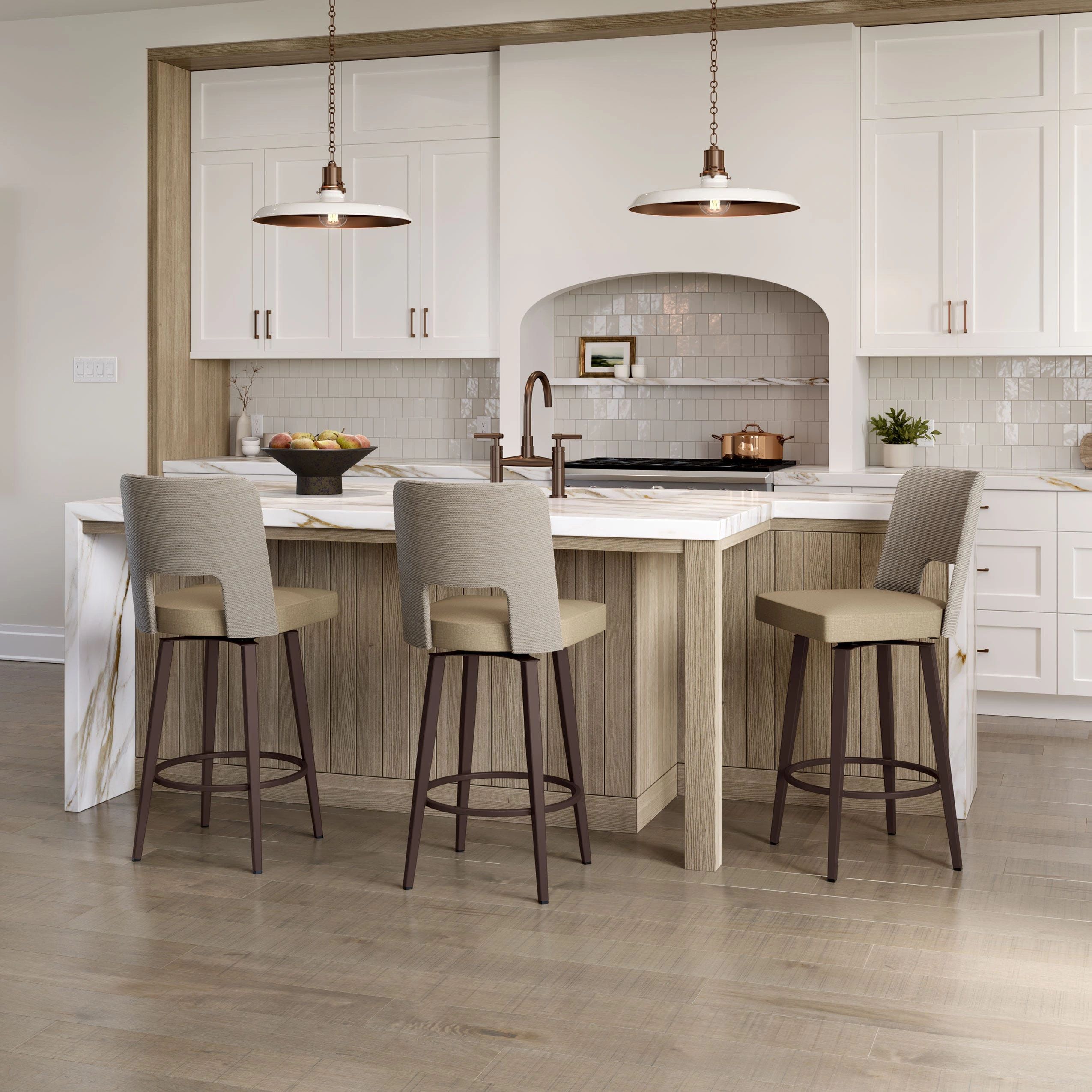 Amisco Chase Swivel Stool, CB Pebble upholstery, Sugar Bronze legs and NC Coastal back.