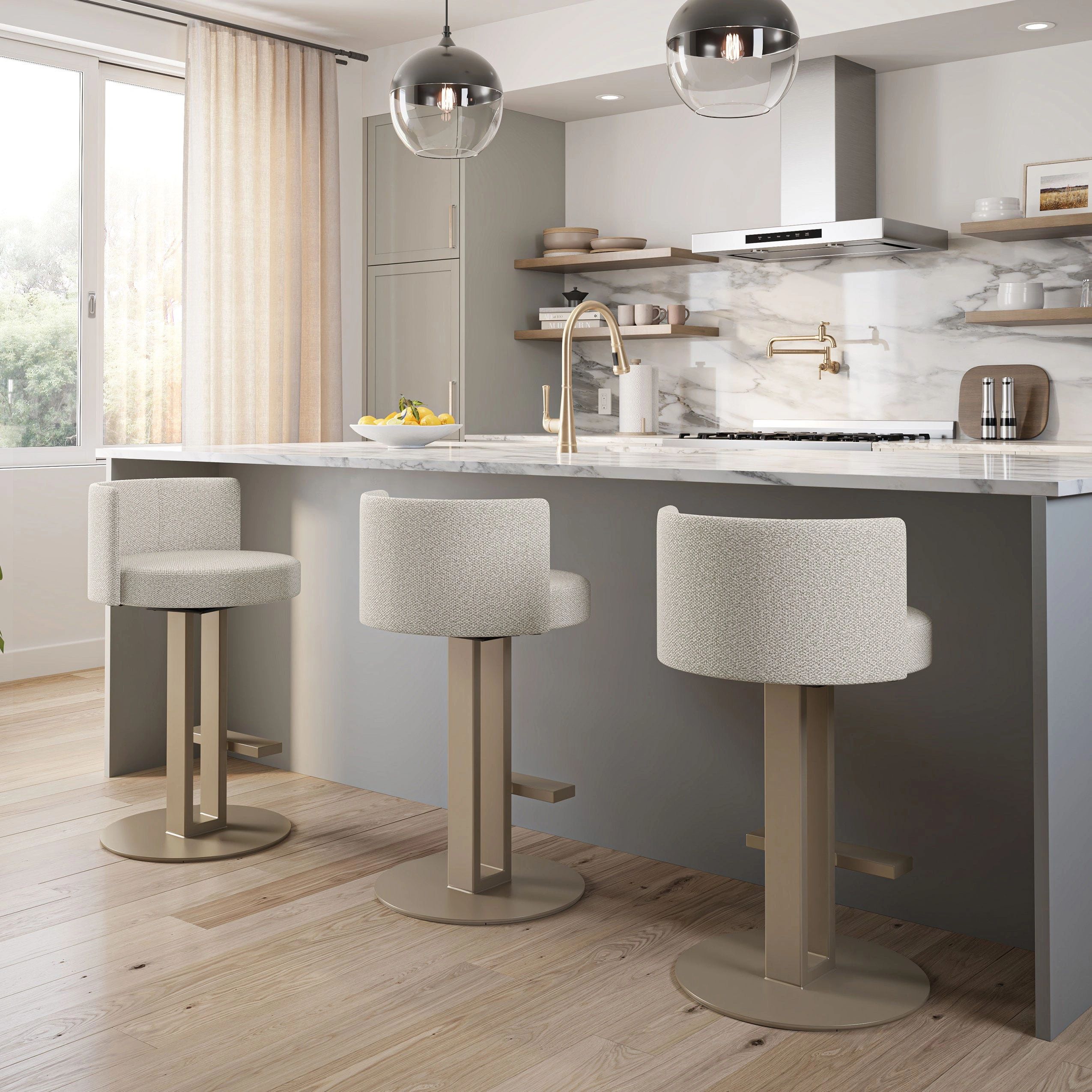 Amisco Furniture Ingrid Swivel Stool shown in LM Pulsar fabric and Champagne metal color leg.