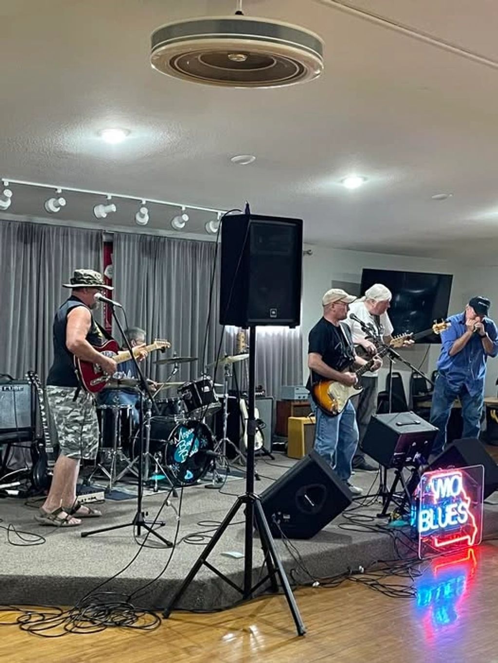 Jammers playing music at the MO Blues monthly blues jam held at the Columbia MO Eagles Club.