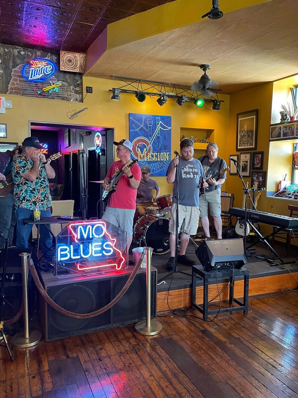 Various musicians jamming at the June 2025 monthly blues jam held at the Mission in Jefferson City.