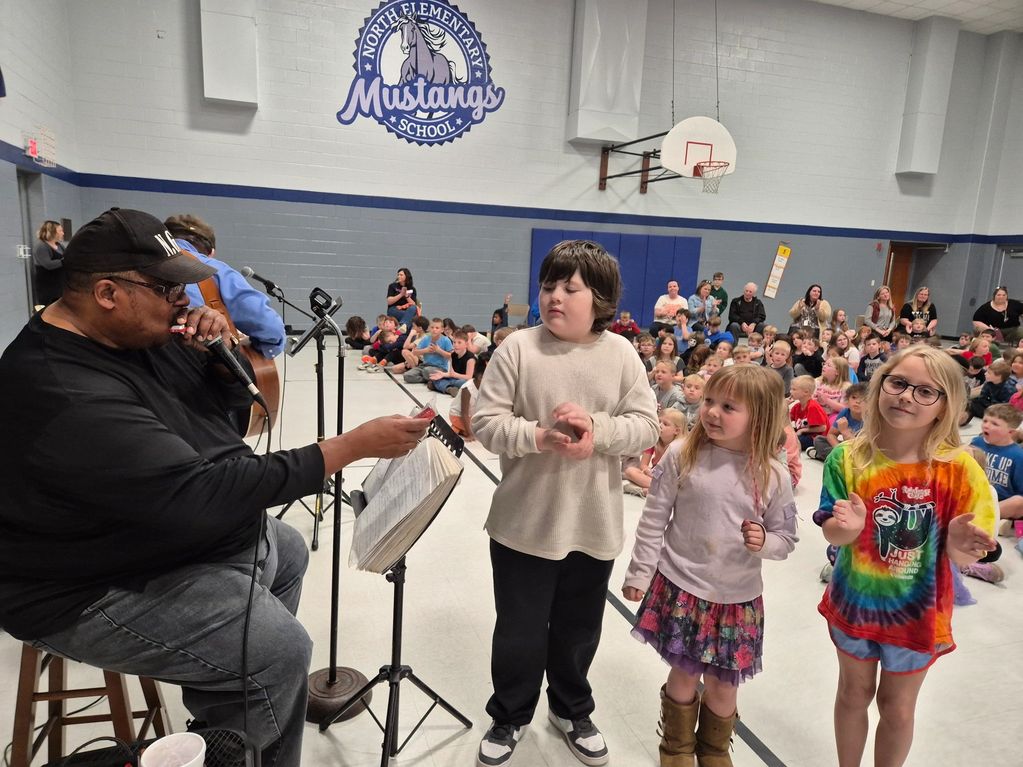 March 2025 Blues In The Schools  at JC North Elementary.
Ron Roskowski and Big George Brock, Jr.