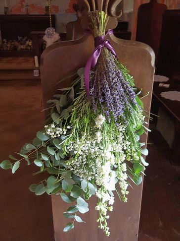 Lavender, gypsophila and eucalyptus tied with ribbon