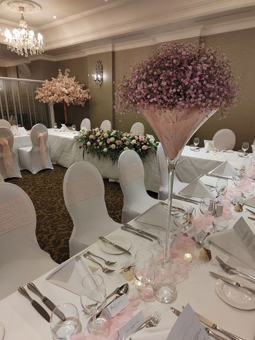 Large Martini glass filed with pink gypsophila