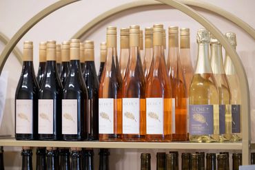 Variety of wine bottles displayed on a shelf, including red, rosé, and sparkling wines.