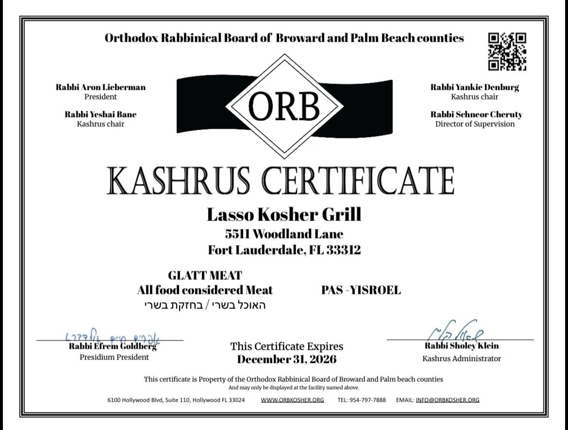 Kashrus Certificate for Lasso Kosher Grill in Fort Lauderdale, valid until December 31, 2026.