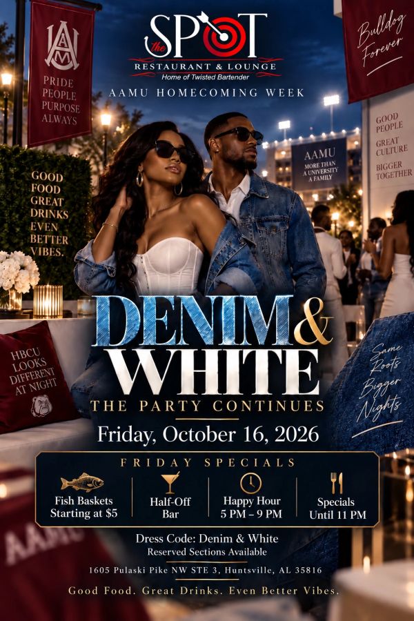 Couple wearing denim and white at AAMU Homecoming party.