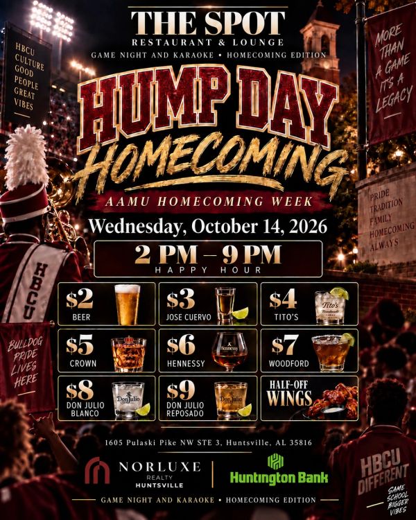 Hump Day Homecoming party flyer with drink specials and wings.