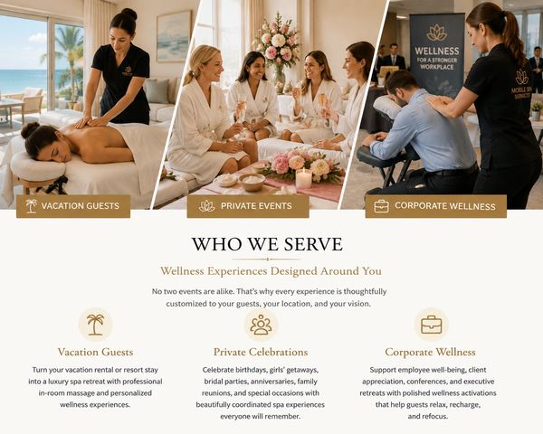 Luxury mobile spa services for vacation guests, private celebrations, and corporate wellness events