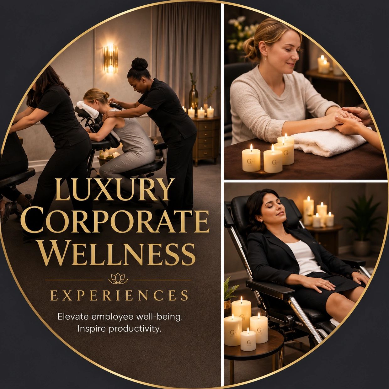 Luxury corporate wellness services including chair massages and hand treatments in a candlelit setting.