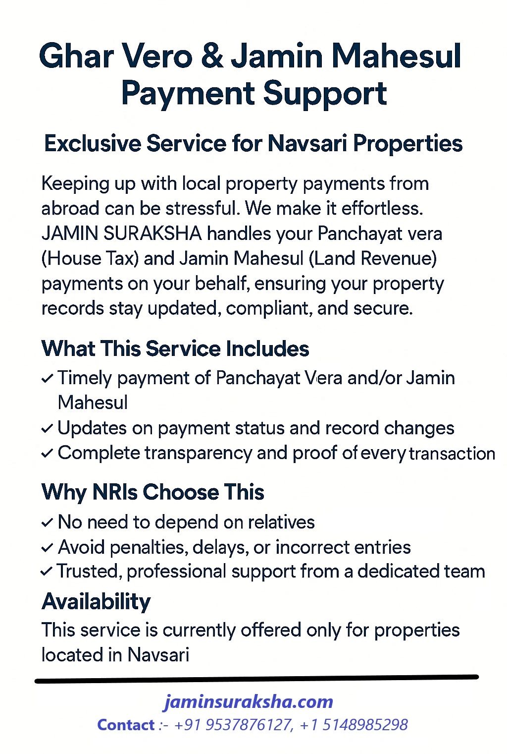 Payment support service for Navsari properties handling house tax and land revenue payments.